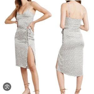Abercrombie Satin Belted Midi Dress in Cream Leopard